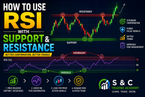 RSI with support and resistance trading strategy on stock chart